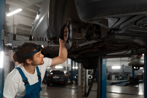 Persona en taller mecánico trabajando en la rueda trasera de un auto elevado, rodeada de herramientas y equipos de reparación.